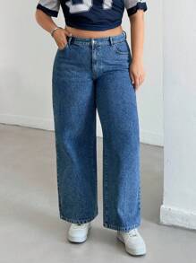 EURMUSE High Waist Elastic Belt Wideleg Jean Wide Leg Jeans Loose Jeans Oversized Jeans Flared Jeans Summer Jeans - Medium Wash - View 5
