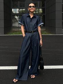 DAZY Bộ 2 quần ống rộng ống rộng cổ bẻ denim thường ngày cho nữ, trang phục mùa hè - Rửa tối - Xem 5