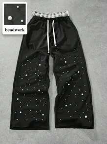 PAVTROS 年轻男士街头风格运动裤，宽松阔腿针织慢跑裤，破洞设计，现代时尚珍珠与经典格纹设计，奢华街头服饰，独特，松紧腰带和口袋，适合街头、休闲装、节日礼物 珍珠运动裤 珍珠裤 男士黑色珍珠运动裤 男士珍珠裤 串珠运动裤 - 黑色 - 查看 1