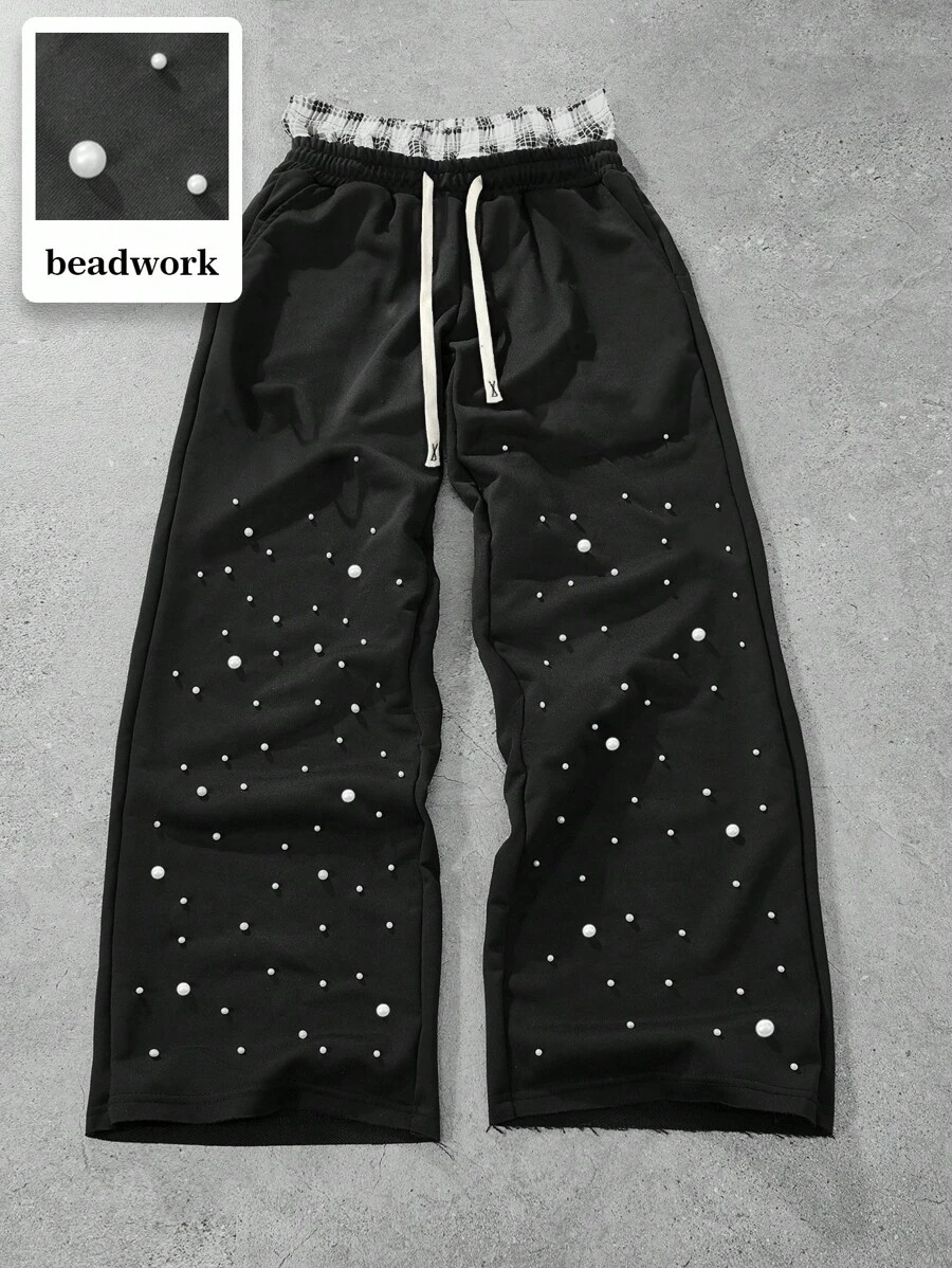 PAVTROS 年轻男士街头风格运动裤，宽松阔腿针织慢跑裤，破洞设计，现代时尚珍珠与经典格纹设计，奢华街头服饰，独特，松紧腰带和口袋，适合街头、休闲装、节日礼物 珍珠运动裤 珍珠裤 男士黑色珍珠运动裤 男士珍珠裤 串珠运动裤 - 黑色 - 查看 1