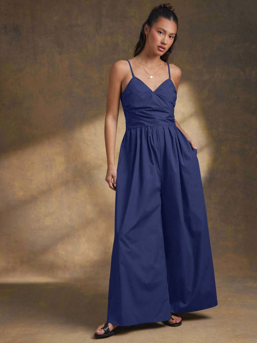 WESTFADE 春季府绸斜领蝴蝶结后背西部无袖可爱阔腿实用连体裤夏季海滩度假装 - 藏蓝色 - 查看 1