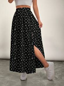 SHEIN VCAY Elegant Pleated Plus Size Maxi Skirt With Split Thigh For Summer Casual Looks Long Floral Skirt Long Skirt With Slit,Holiday Outfits For Women Fall Clothes Chic Dress