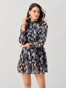 Miaspire Allover Print Flounce Sleeve Ruffle Hem Pleated Collar Shirred Dress - Blue - View 5