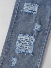 SHEIN Tween Girls Y2K 风格复古深色洗水做旧破洞阔腿牛仔裤，面料柔软舒适，时尚百搭街头风格，女童牛仔布 - 深色水洗藍 - 查看 5