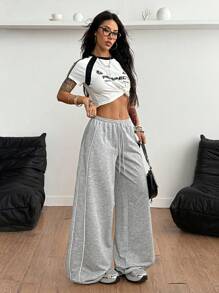 Coolane Women's Fall/Winter Minimalist Basic Daily Wear Streetwear Casual Sportswear French Grey Baggy Low Rise Wide Leg Sweatpants - Grey - View 4