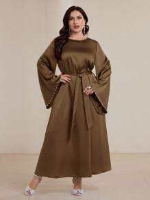 Graceveil Plus Size Women Flared Sleeve Pearl Beaded Arabic Style Dress Modest - Coffee Brown - View 7