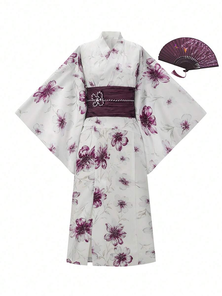 Irokai 女士传统花卉印花日本和服浴衣 - 蓝色 - 紫色 - 查看 1