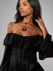 MISSGUIDED 露肩挤奶女工紧身衣束腰长袖荷叶边装饰节日文艺复兴服装哥特式正式场合服装秋冬 - 黑色 - 查看 6