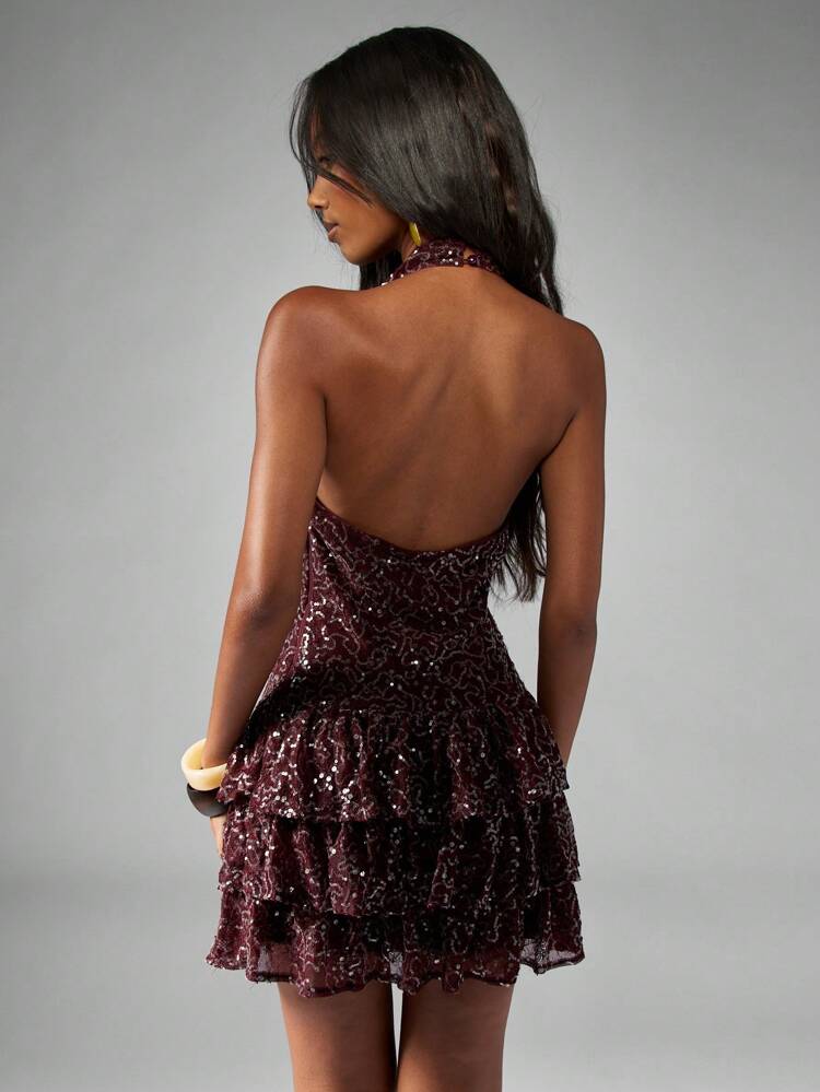 MISSGUIDED Robe courte en maille à sequins avec décolleté plongeant et volants, idéale pour Noël