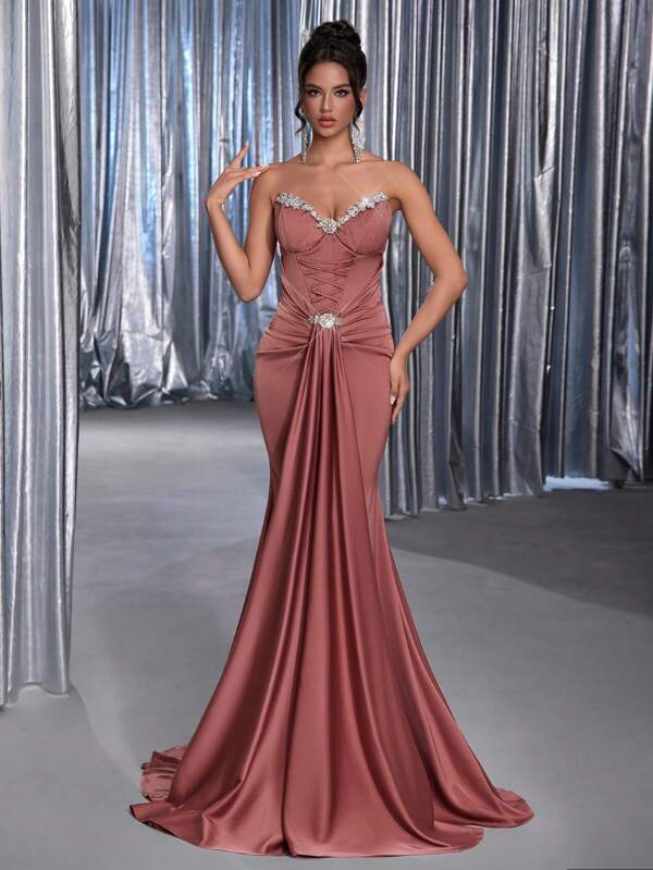 Glamrae Rochie maxi elegantă de lux din satin maro-roz, lucrată manual, cu diamante, cu detalii de legat, cu coadă de pește, pentru femei, rochie de seară formală