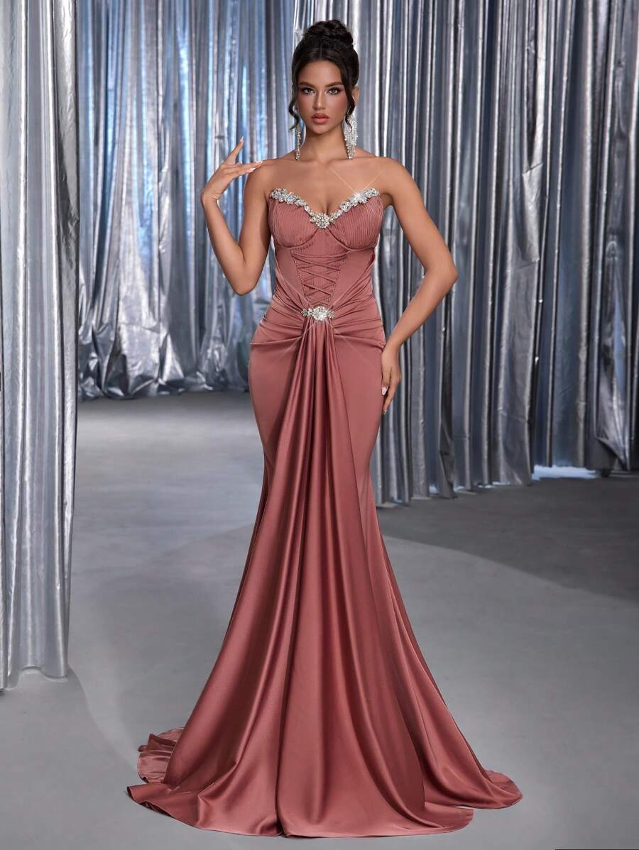 Glamrae 优雅奢华玫瑰棕色缎面手工钻石装饰系带细节鱼尾长裙女式正式晚宴晚礼服 - 棕色 - 查看 1