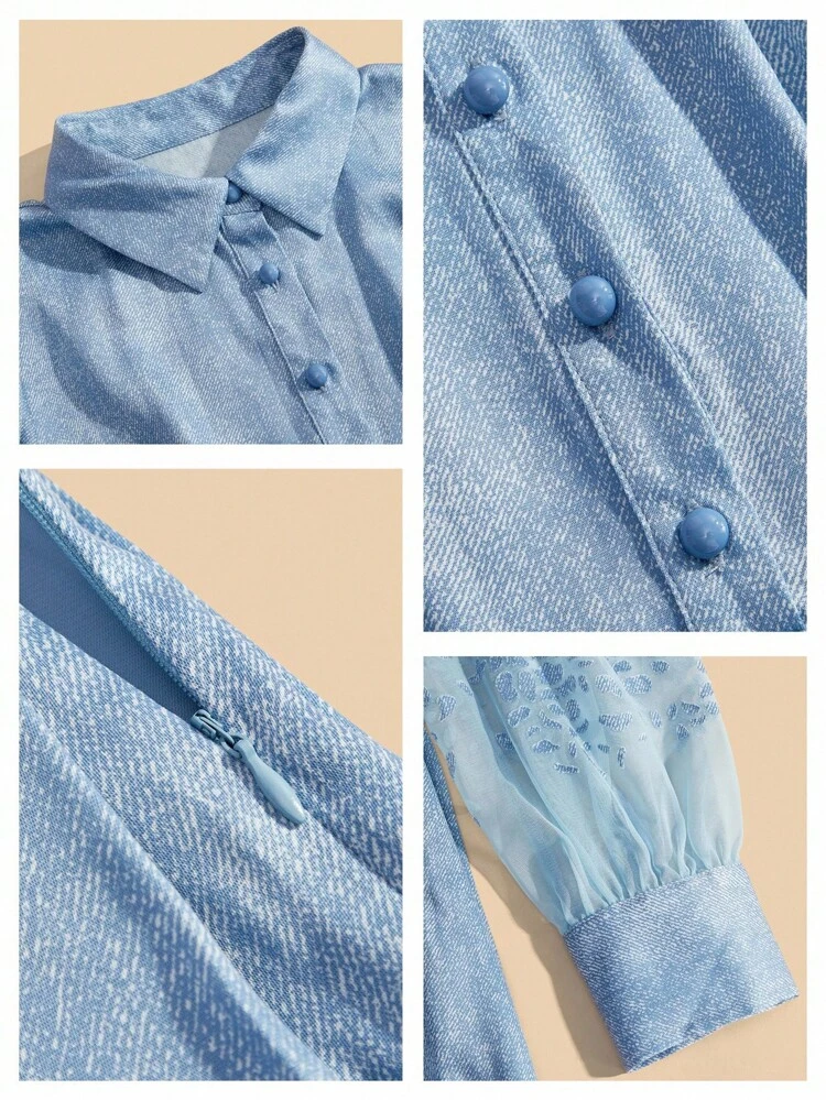 Vestido Azul Mulher Elegante com Mangas Longas e Estampa Deslocada em Efeito Degradê