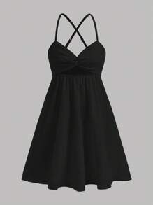 Girlism 少女纹理雪纺褶饰镂空扭纹细肩带无袖 A 字连衣裙，休闲/度假，春夏 - 黑色 - 查看 7