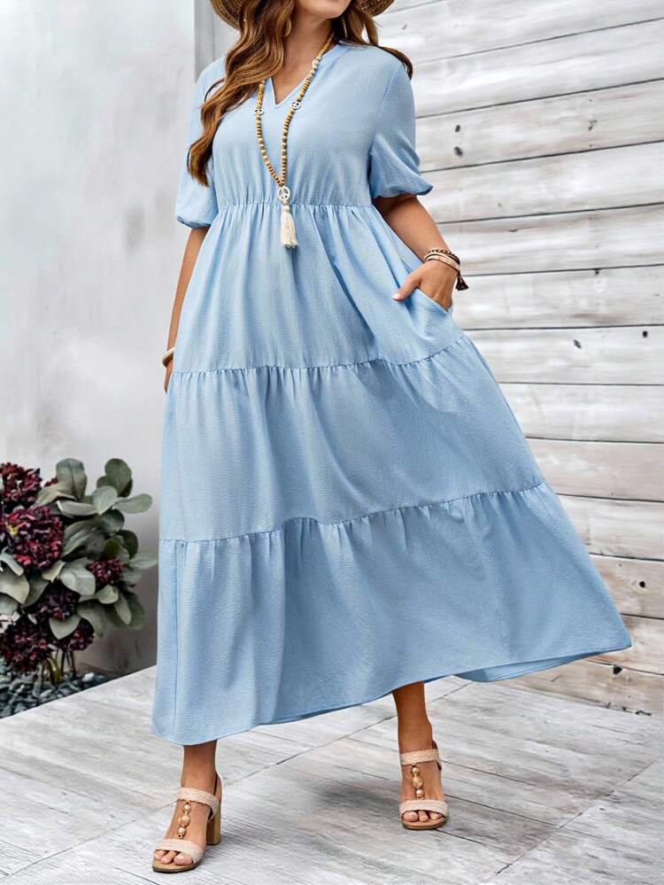 Plus Size Women Solid Color V-Neck Short Puff Sleeve Ruffle Hem Vacation Dress,Country Casual Vacation Outfits Woman,Simple And Fashionable For Everyday Wear,Summer Tops Women,Summer Outfits For Women,Vacay Outfits Women,Bohemian Clothes,Springbreak,Rave Outfits, Fall Women Clothes,Autumn,Fall Clothes