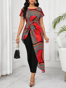 SHEIN Lady Áo sơ mi nữ cổ tròn tay ngắn, viền xoắn bất đối xứng, in họa tiết - Nhiều màu - Xem 3