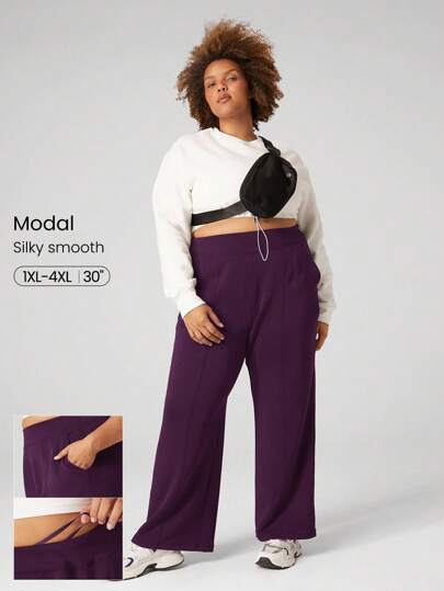 GLOWMODE 莫代尔加大码阔腿裤内置可调节抽绳腰带裤带侧袋日常休闲裤