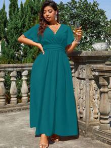 Cravure Gaun Panjang Ukuran Besar Warna Polos yang Melangsingkan Pinggang, Cocok untuk Pakaian Maxi Wanita Natal - Teal Blue - View 10