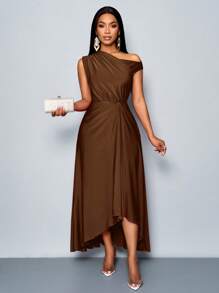 SOLERSUN Women's Spring And Summer Fashion Elegant Date Party Purple Stretch Knit Comfort Gathered Details Draped Dress Asymmetric Neckline Asymmetric Hem Slit Long Dress - Brown - View 5