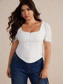 Elaquor Áo thun dáng ôm, màu trơn, chất liệu jacquard, cỡ lớn, thanh lịch, thích hợp cho nữ giáo viên. - trắng - Xem 4