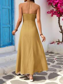 Vivid Eden 女式度假休闲露背挂脖长裙 - 芥末黃 - 查看 2