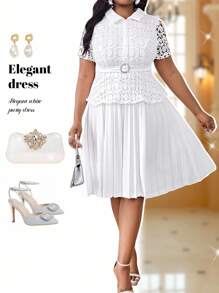Fleurora Women Elegant White Spring Formal Party Dress,Plus Size Commuting Office Bodycon Midi Dresses,Short Sleeve Mesh Contrast Collar Business Casual Wear - White - View 1