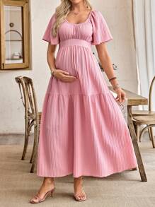 SHEIN Women's Casual Ruffle Sleeve Bow Back Design Maternity A-Line Dress - Pink - View 3