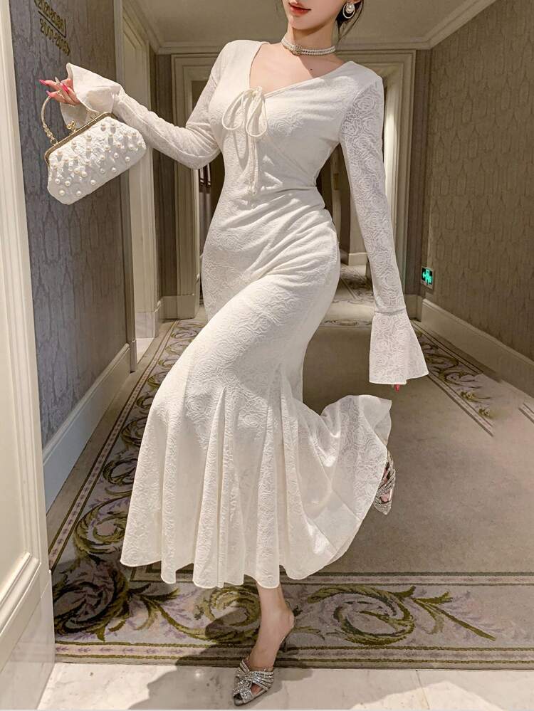 Women's V-Neck Front Tie Bell Sleeve Fish Tail Hem Elegant Mid-Length Dress Prom Dress Maxi Dress