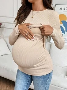SHEIN Casual Versatile Solid Color Twist Front Maternity Nursing Top - Apricot - View 6