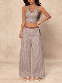 SHEIN PETITE Bộ 2 món/Bộ áo yếm không tay kẻ sọc cho nữ và quần ống rộng - Nhiều màu - Xem 4