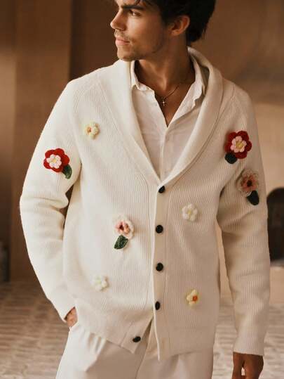 Manfinity NXTstreet Men's Fitted Floral Pattern Knit Cardigan Sweater, Multi-Color Men Knitted Button Up Men Sweater Cardigan With Floral Appliques , Fall Winter