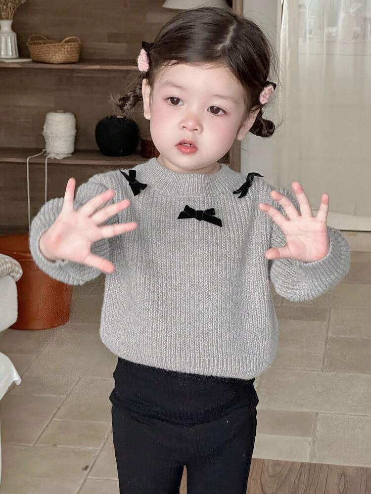 Baby Girl Round Neck Long Sleeve Pullover Sweater With Bow Decor Toddler Girls Clothes