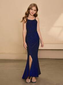 Girls Elegant Minimalist V-Neck Sleeveless High Waist Long Fitted Split Design Metallic Shimmer Fabric Dress, Suitable For Graduation, Party, Formal Occasions Fall Winter - Blue - View 1