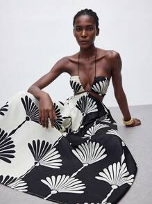 Maija Abito loose con collo a coulisse, effetto colorblock bianco e nero, con stampa, con frange e design traforato, stile casual da vacanza e spiaggia, versatile per primavera/estate