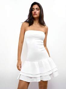 Maija White Strapless Ruffle Trim Fitted Short Dress, Elegant & Versatile For Spring/Summer, Holidays - White - View 8