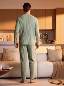 Manfinity Underwear&Sleepwear Basics 男士纯色罗纹针织上衣和裤子睡衣套装，秋冬服装，舒适保暖