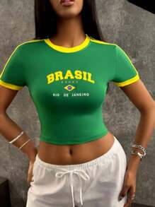 INAWLY Áo thun nữ ngắn tay mùa hè có in chữ và đường viền cổ tròn - màu xanh lá - Xem 4