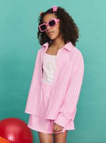 SHEIN 青少年女孩宽松休闲简约舒适条纹立领长袖衬衫度假装 - 粉色 - 查看 5