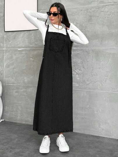 EURMUSE Vestido de suéter jeans casual solto com design de bolso feminino