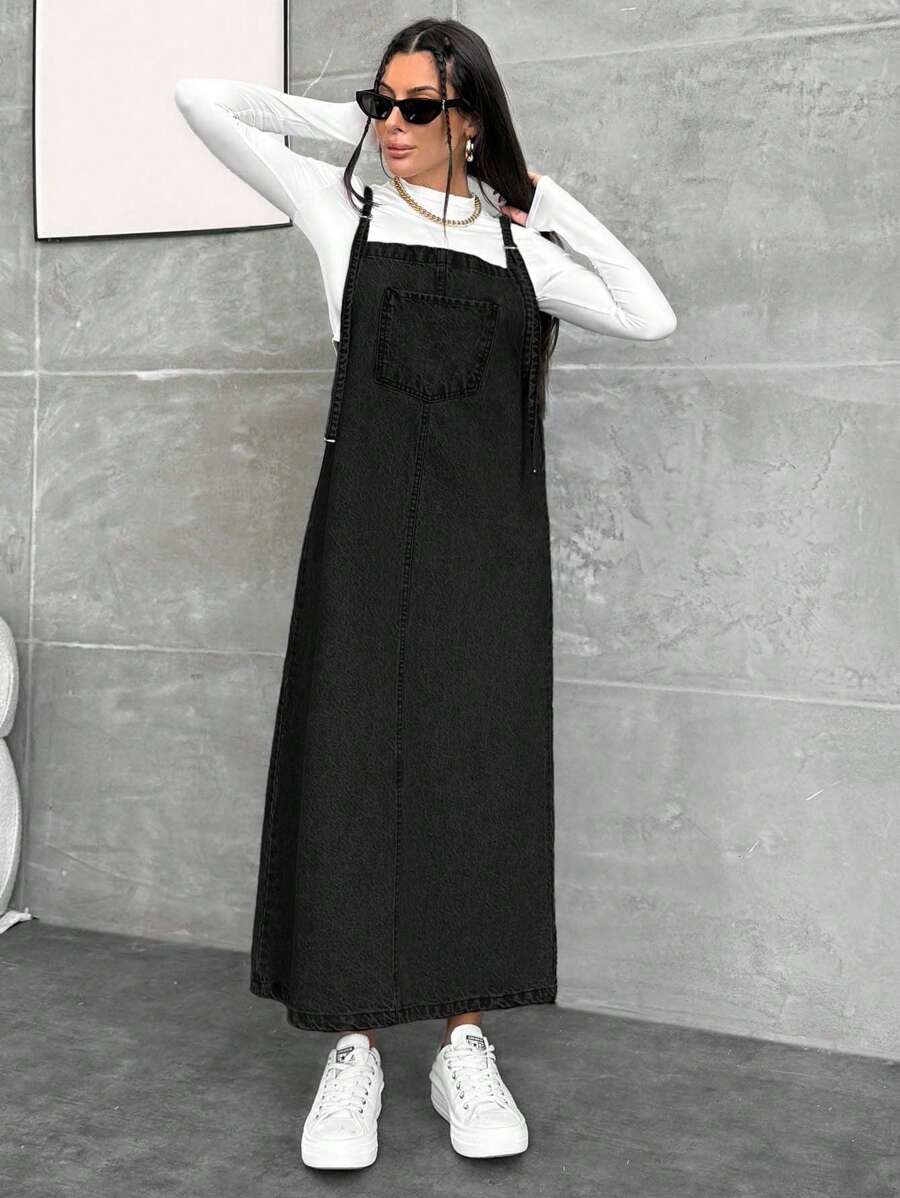 EURMUSE 女式口袋设计宽松休闲牛仔连衣裙 - 黑色 - 查看 1