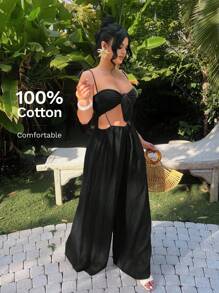 SHEIN SXY Bộ áo dây mảnh không tay gợi cảm và áo liền quần, phong cách kỳ nghỉ - màu đen - Xem 1