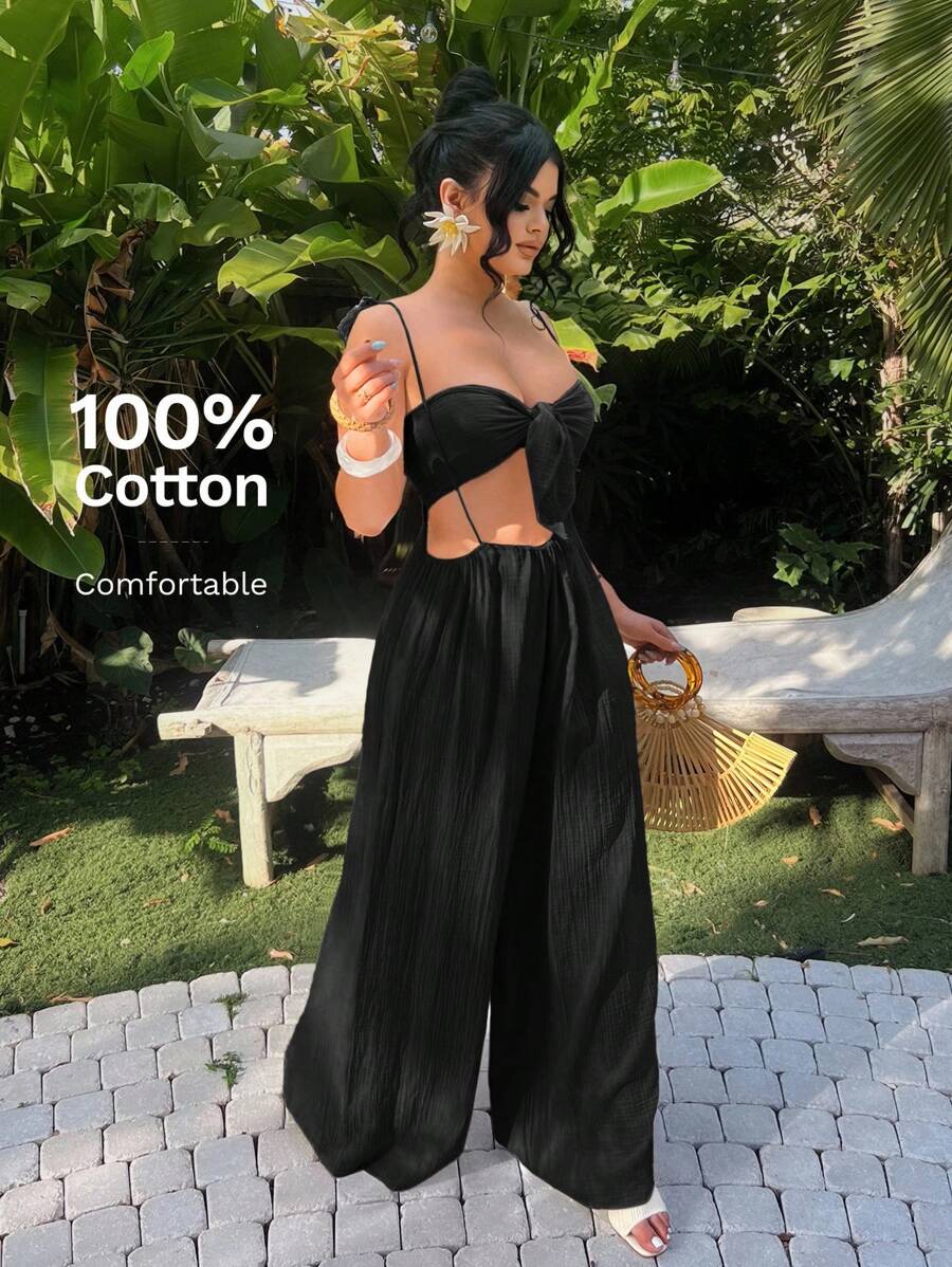 SHEIN SXY Bộ áo dây mảnh không tay gợi cảm và áo liền quần, phong cách kỳ nghỉ - màu đen - Xem 1