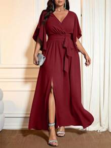 Auvina Vestido de fiesta elegante para mujer de talla grande con cuello en V, fruncido, cintura con lazo, mangas acampanadas y bajo con abertura