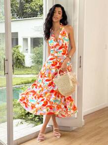 Ria Solene Women's Floral Print Ruffle Halter Neck Vacation Midi Dress Summer Dress - Multicolor - View 3