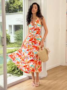 Ria Solene Women's Floral Print Ruffle Halter Neck Vacation Midi Dress Summer Dress - Multicolor - View 4