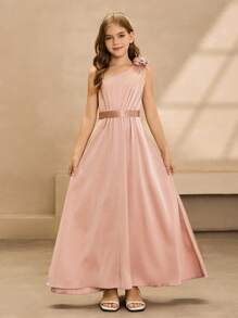 Robe une épaule en satin à fleurs surélevée pour demoiselle d'honneur, remise des diplômes, bal, anniversaire, événement spécial