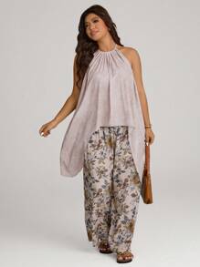SHEIN LUNE Conjunto de top de tirantes asimétrico y pantalón ancho de pierna ancha de estilo asiático informal con estampado floral para mujer de talla grande
