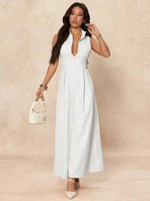 SHEIN PETITE 超宽腿拉链前无袖连体裤 - 杏色 - 查看 6