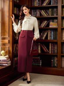 Vintamour 复古经典优雅女式刺绣系带衬衫，修身长袖衬衫，杏色