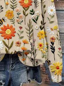 EMERY ROSE 休闲简约针织雏菊花朵蜜蜂印花圆领宽松女式运动衫 - 彩色 - 查看 2