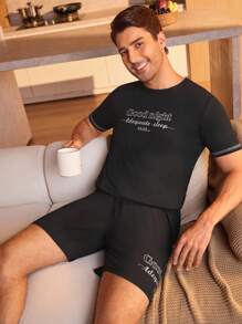 Manfinity Underwear&Sleepwear Basics 男士口号图案撞色边饰睡衣套装/睡衣套装 - 黑色 - 查看 1